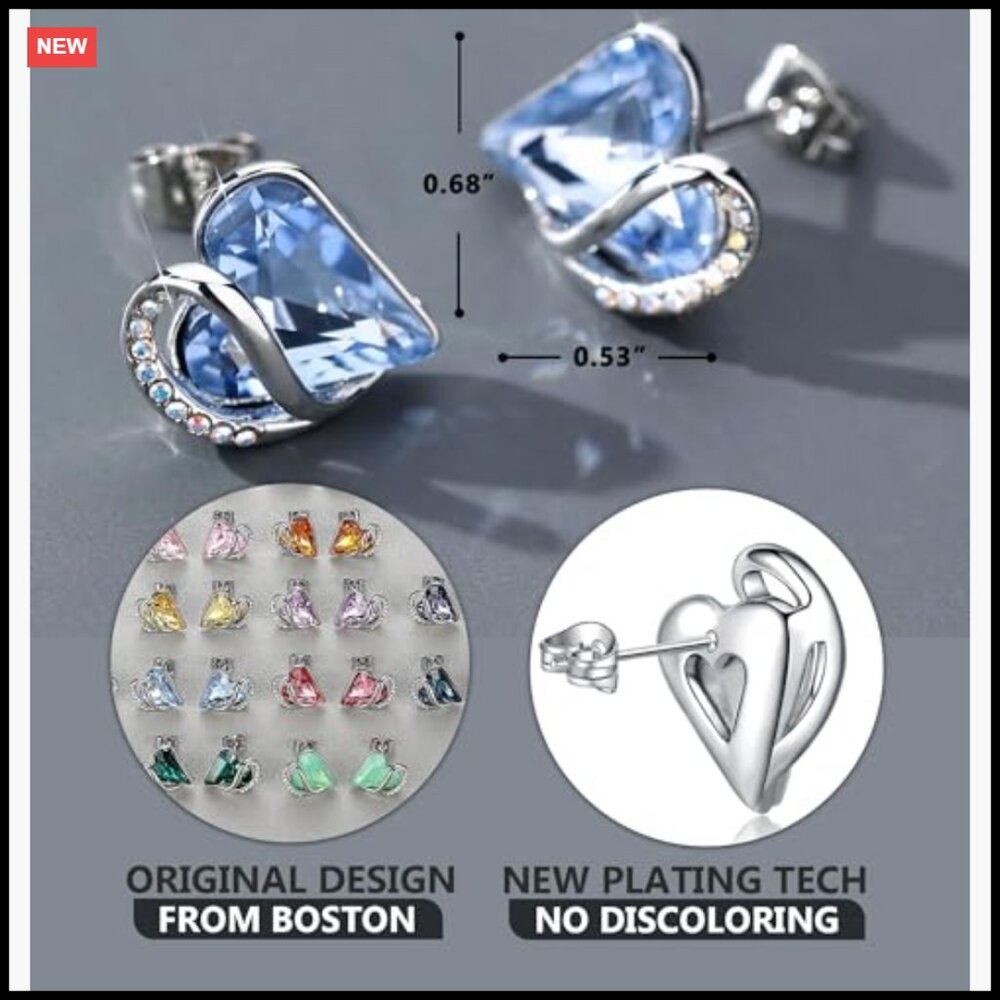 Silver Plated Birthstone Stud Earrings Heart Design Elegant Minimal Jewelry - Picture 3 of 7